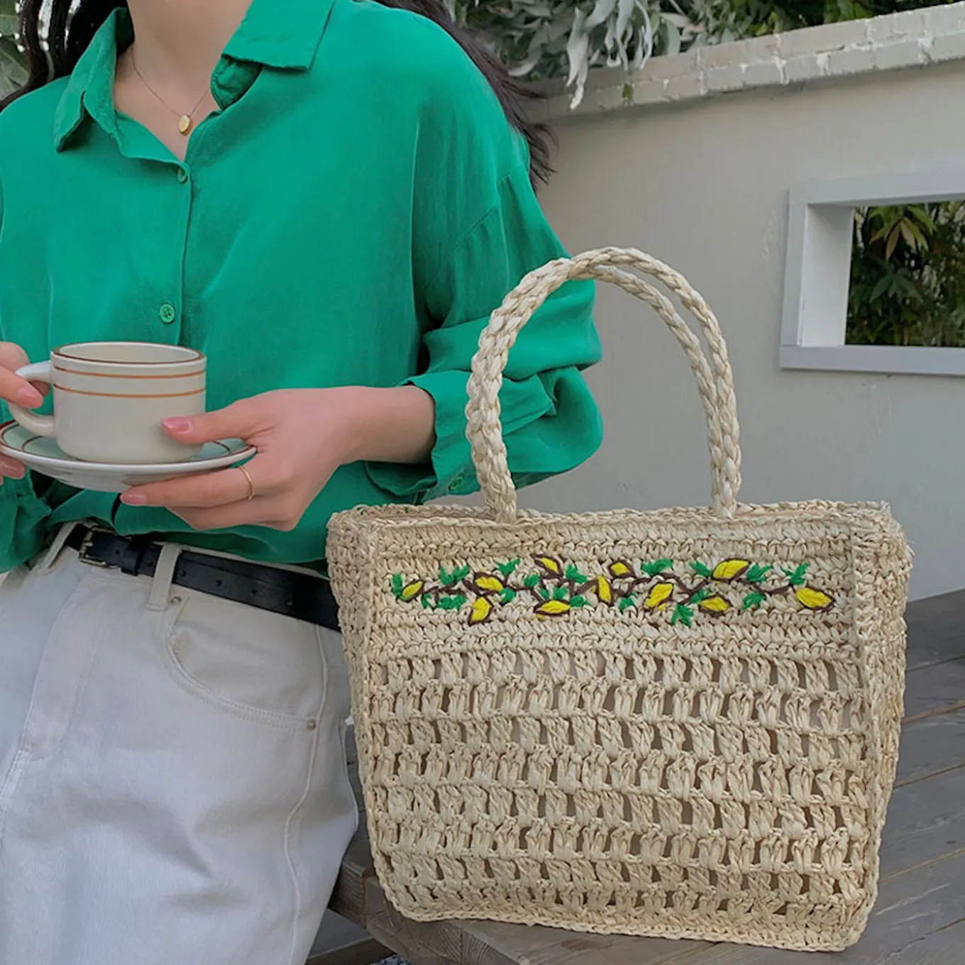 Elena Handbags Summer Floral Straw Shoulder Bag with Long Strap
