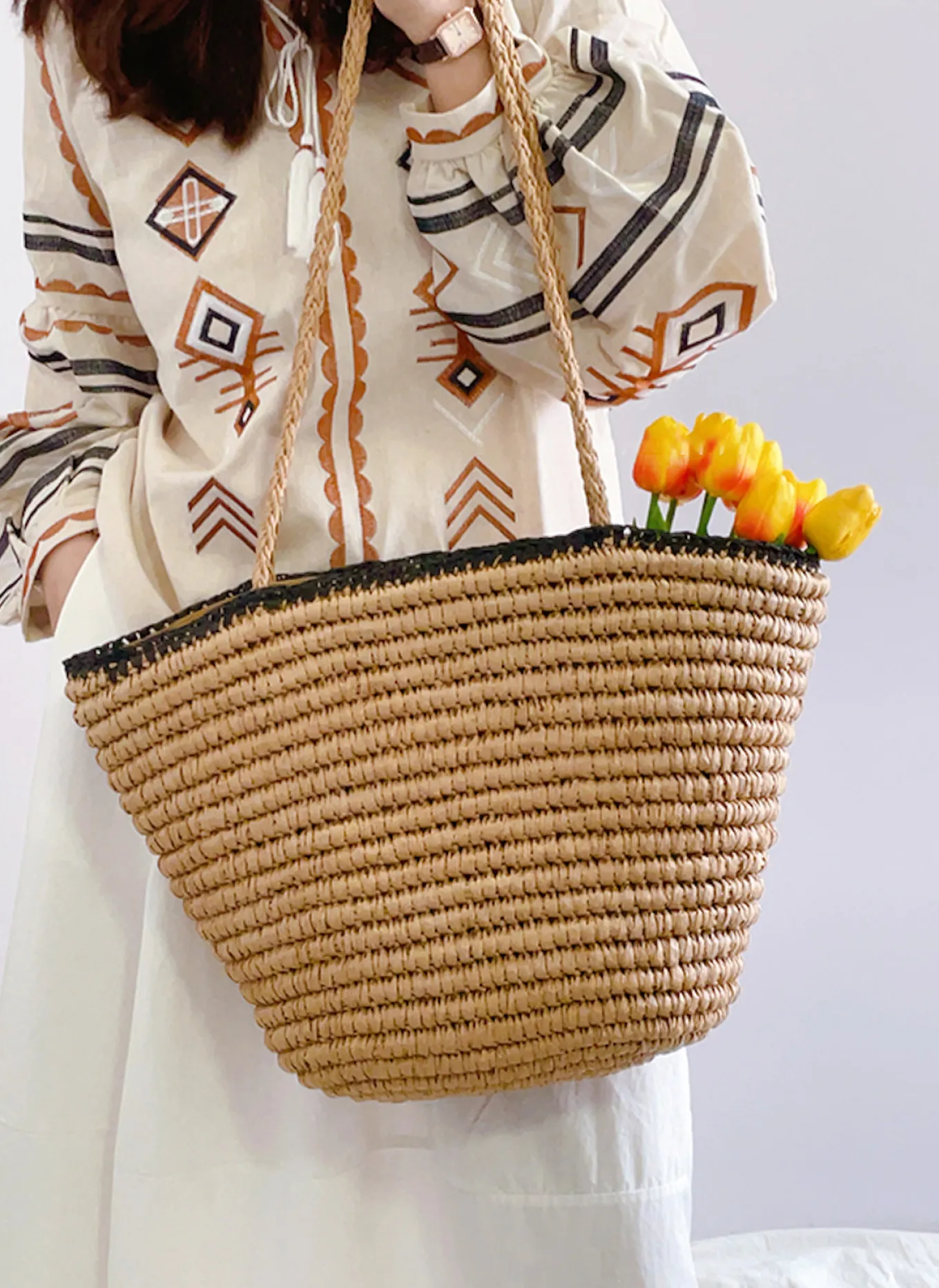 Elena Handbags Summer Straw Basket Summer Tote