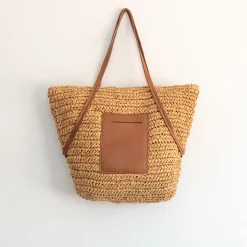 Elena Handbags Women's Large Woven Summer Straw Tote with Leather Straps