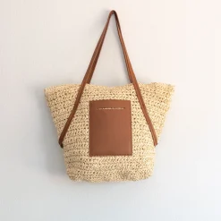 Elena Handbags Women's Large Woven Summer Straw Tote with Leather Straps