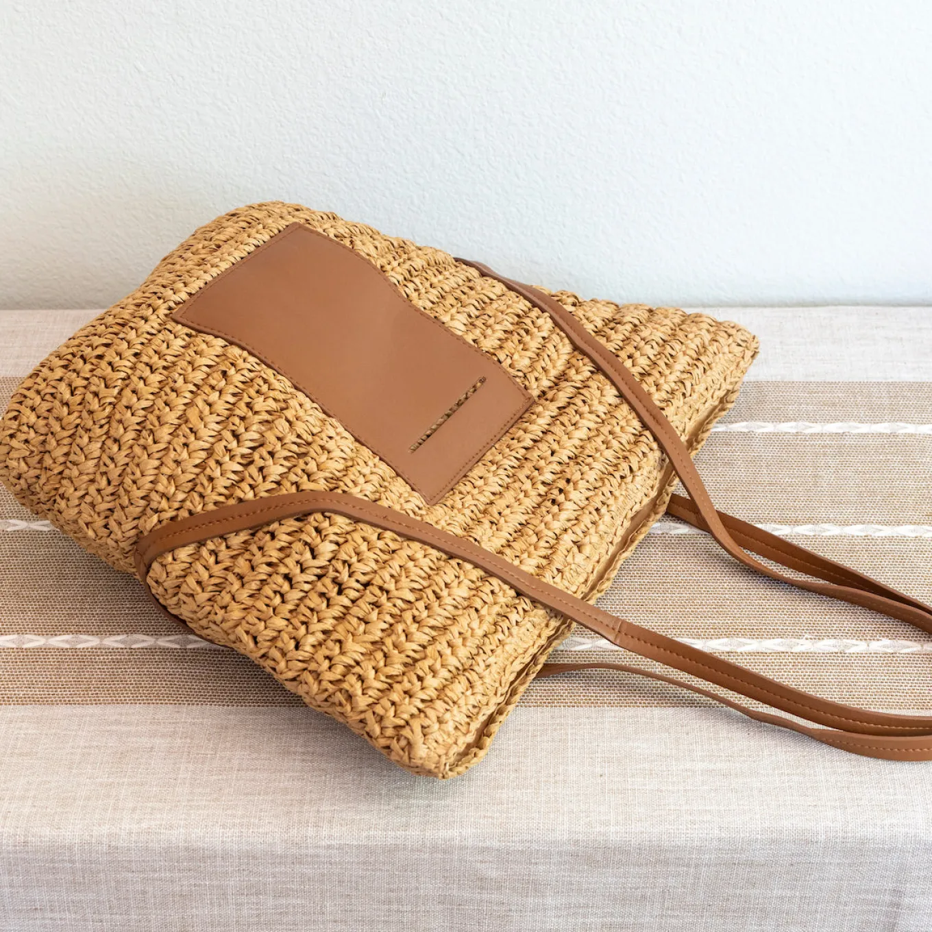 Elena Handbags Women's Large Woven Summer Straw Tote with Leather Straps