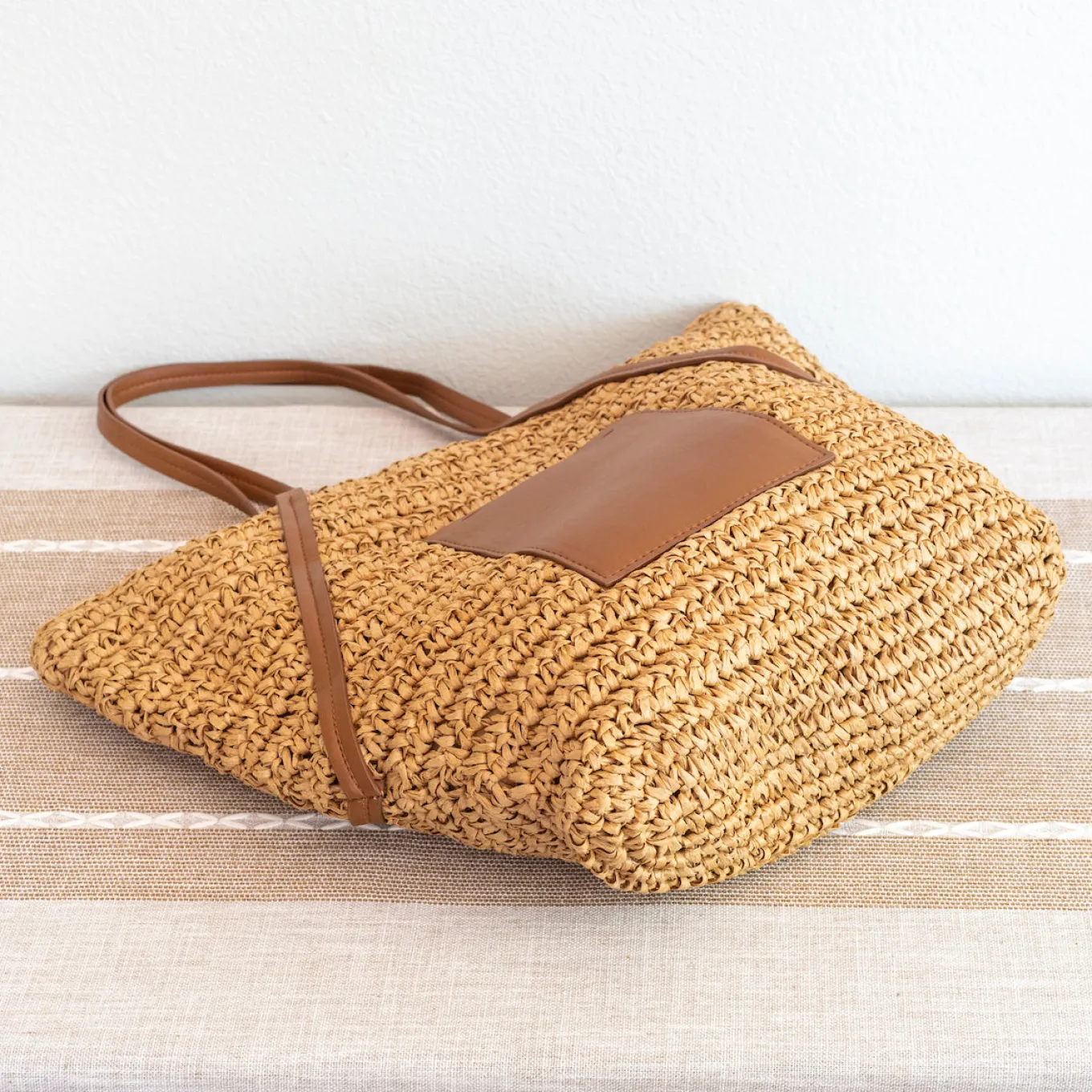 Elena Handbags Women's Large Woven Summer Straw Tote with Leather Straps