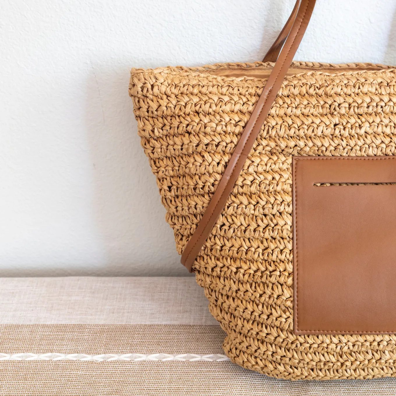 Elena Handbags Women's Large Woven Summer Straw Tote with Leather Straps