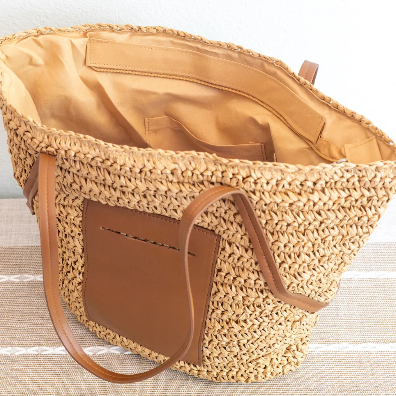 Elena Handbags Women's Large Woven Summer Straw Tote with Leather Straps