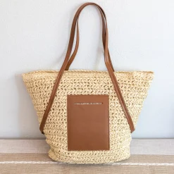 Elena Handbags Women's Large Woven Summer Straw Tote with Leather Straps