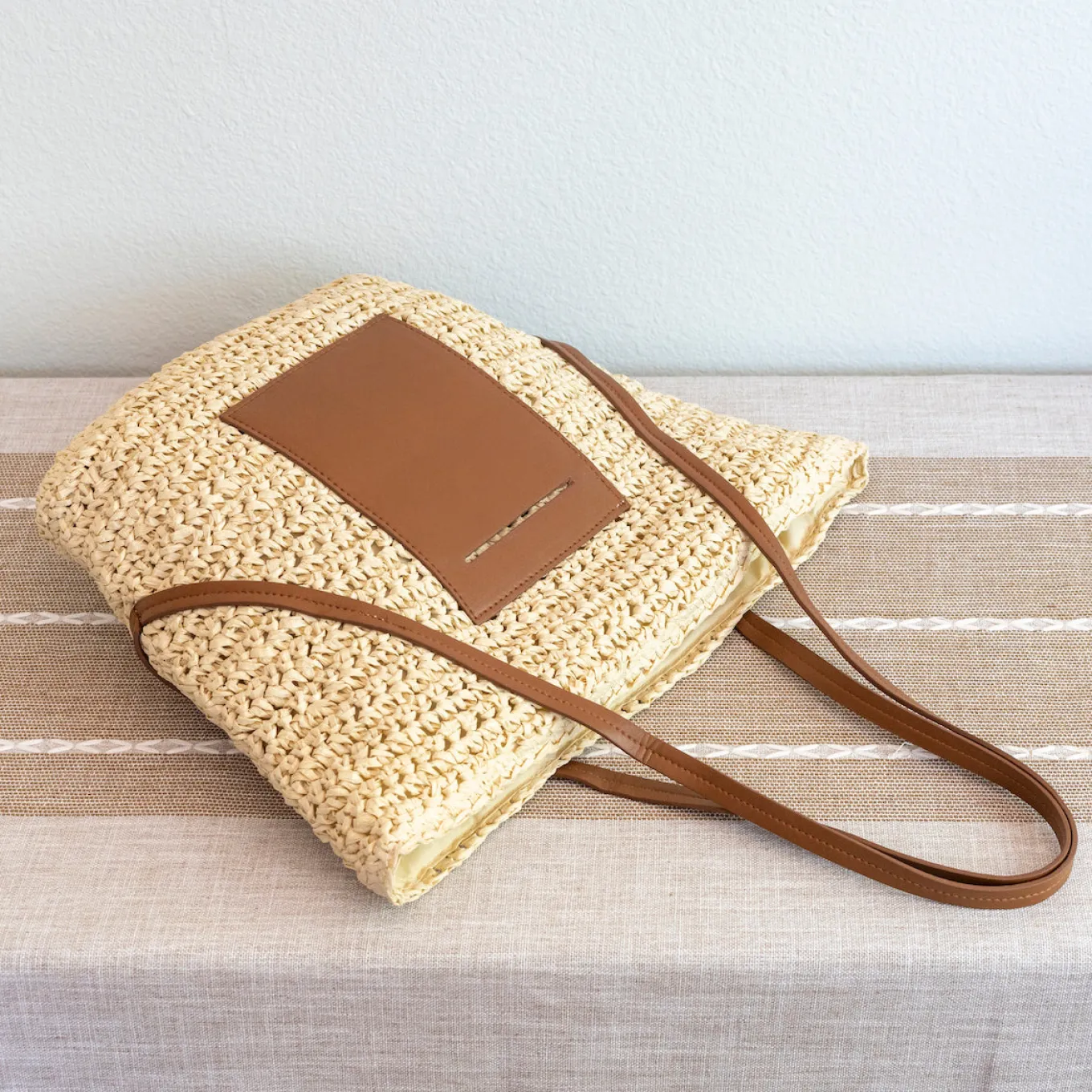 Elena Handbags Women's Large Woven Summer Straw Tote with Leather Straps