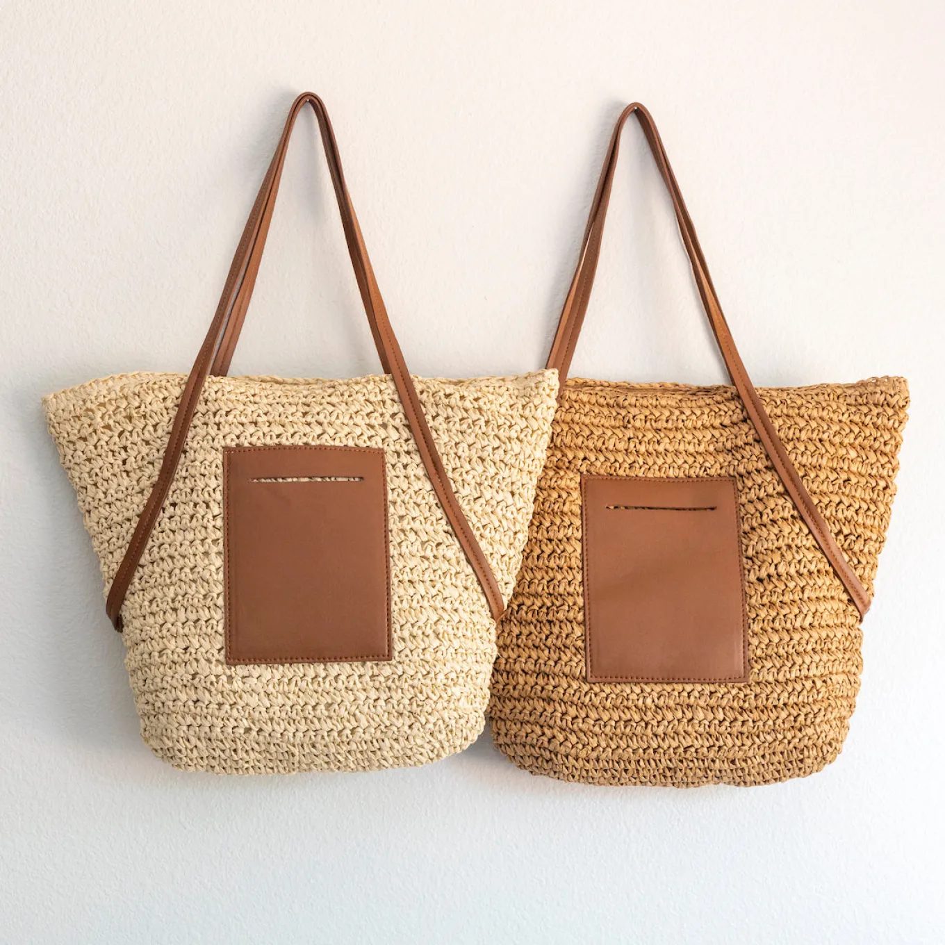 Elena Handbags Women's Large Woven Summer Straw Tote with Leather Straps
