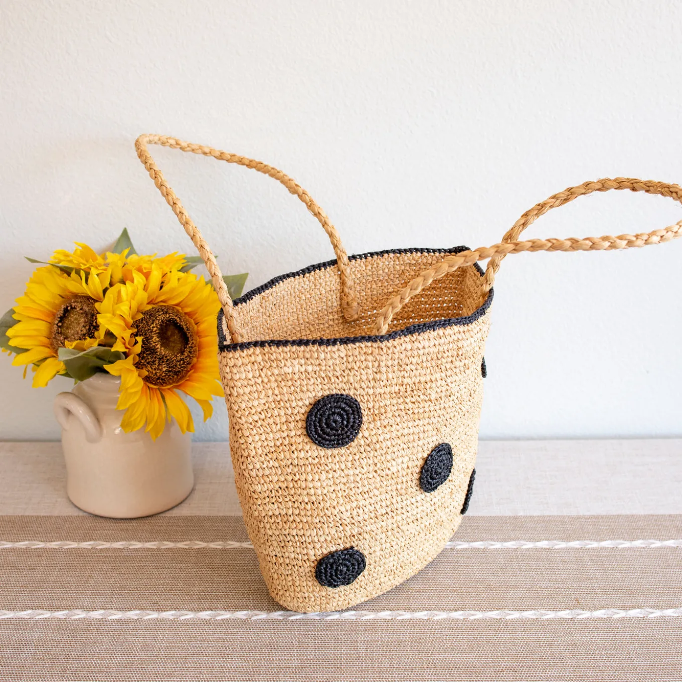 Elena Handbags Women's Polka Dot Design Raffia Woven Summer Straw Tote