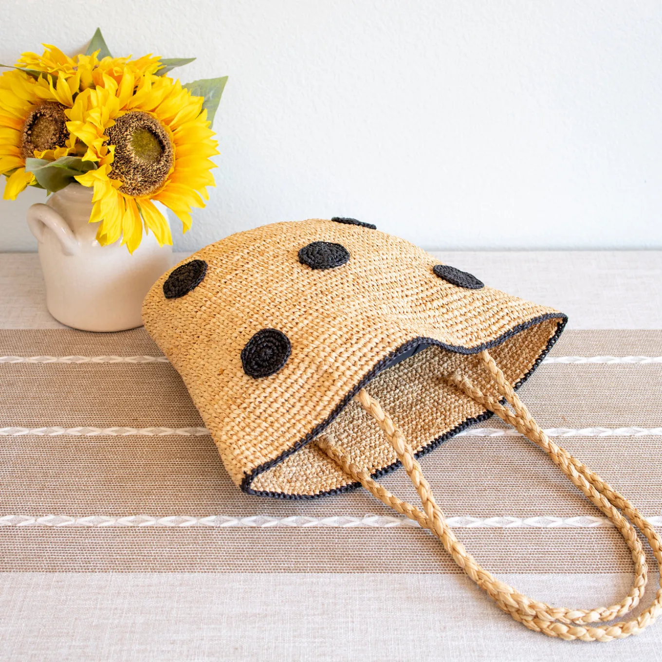 Elena Handbags Women's Polka Dot Design Raffia Woven Summer Straw Tote