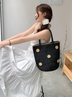 Elena Handbags Women's Polka Dot Design Raffia Woven Summer Straw Tote