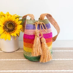 Elena Handbags Women's Raffia Straw Rainbow Crossbody Bucket Bag