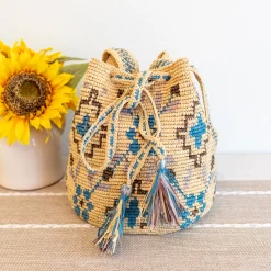 Elena Handbags Women's Raffia Straw Wayuu Crossbody Bucket Bag