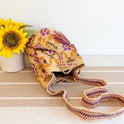 Elena Handbags Women's Raffia Straw Pink Wayuu Crossbody Bucket Bag