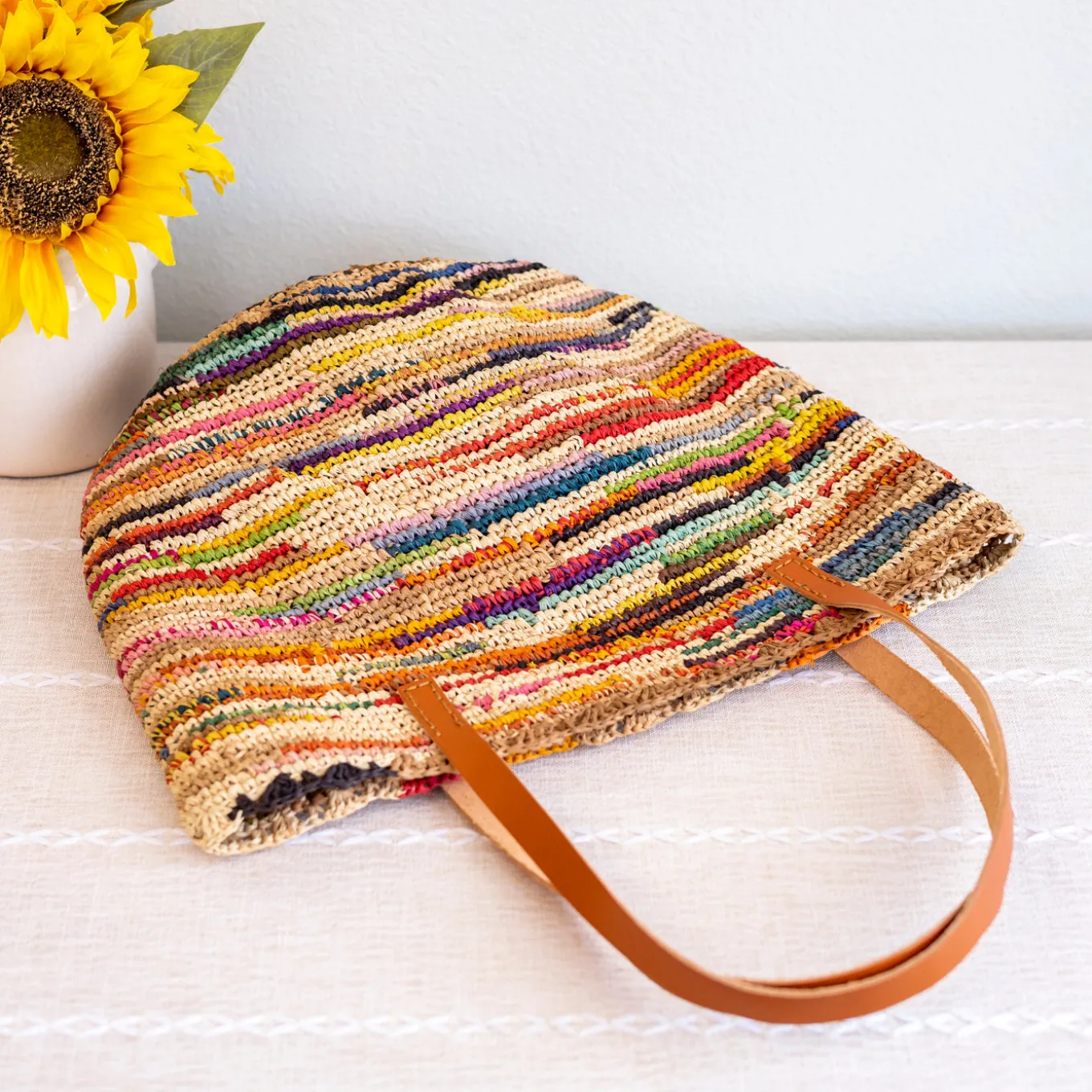 Elena Handbags Women's Soft Raffia Woven Summer Straw Tote with Genuine Leather Straps