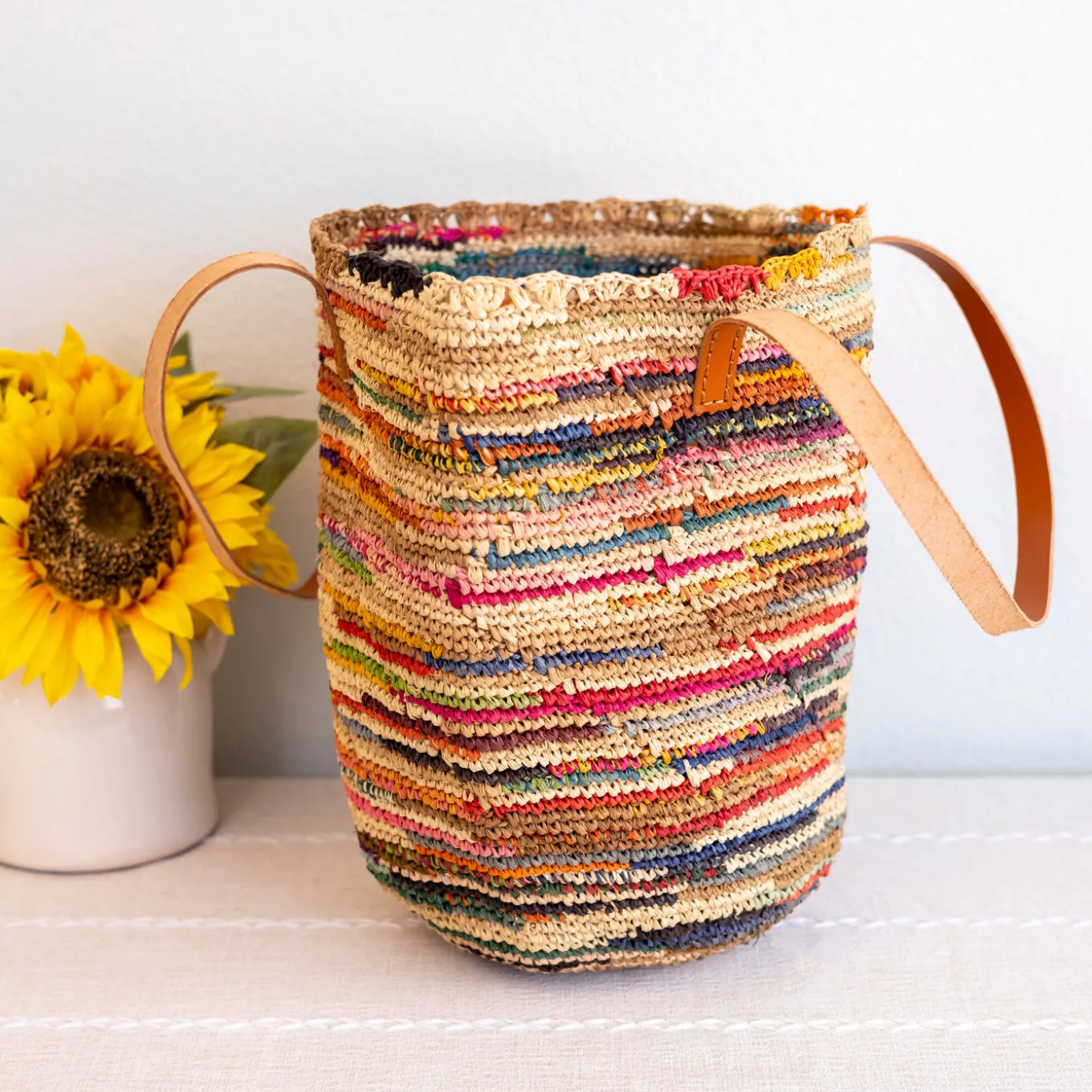 Elena Handbags Women's Soft Raffia Woven Summer Straw Tote with Genuine Leather Straps